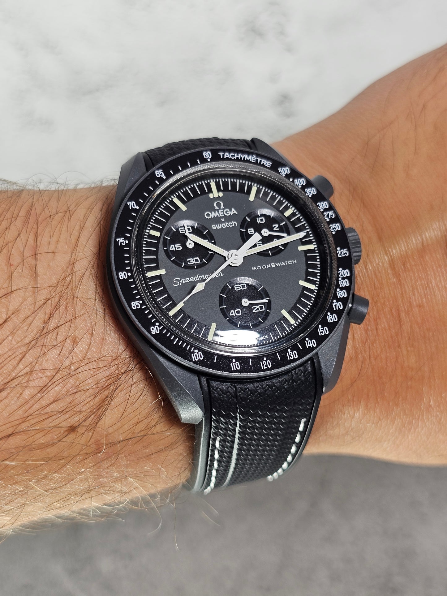 Black and white rubber strap for Swatch x OMEGA MoonSwatch Mission to Mercury with engraved buckle – MGB Watches exclusiv