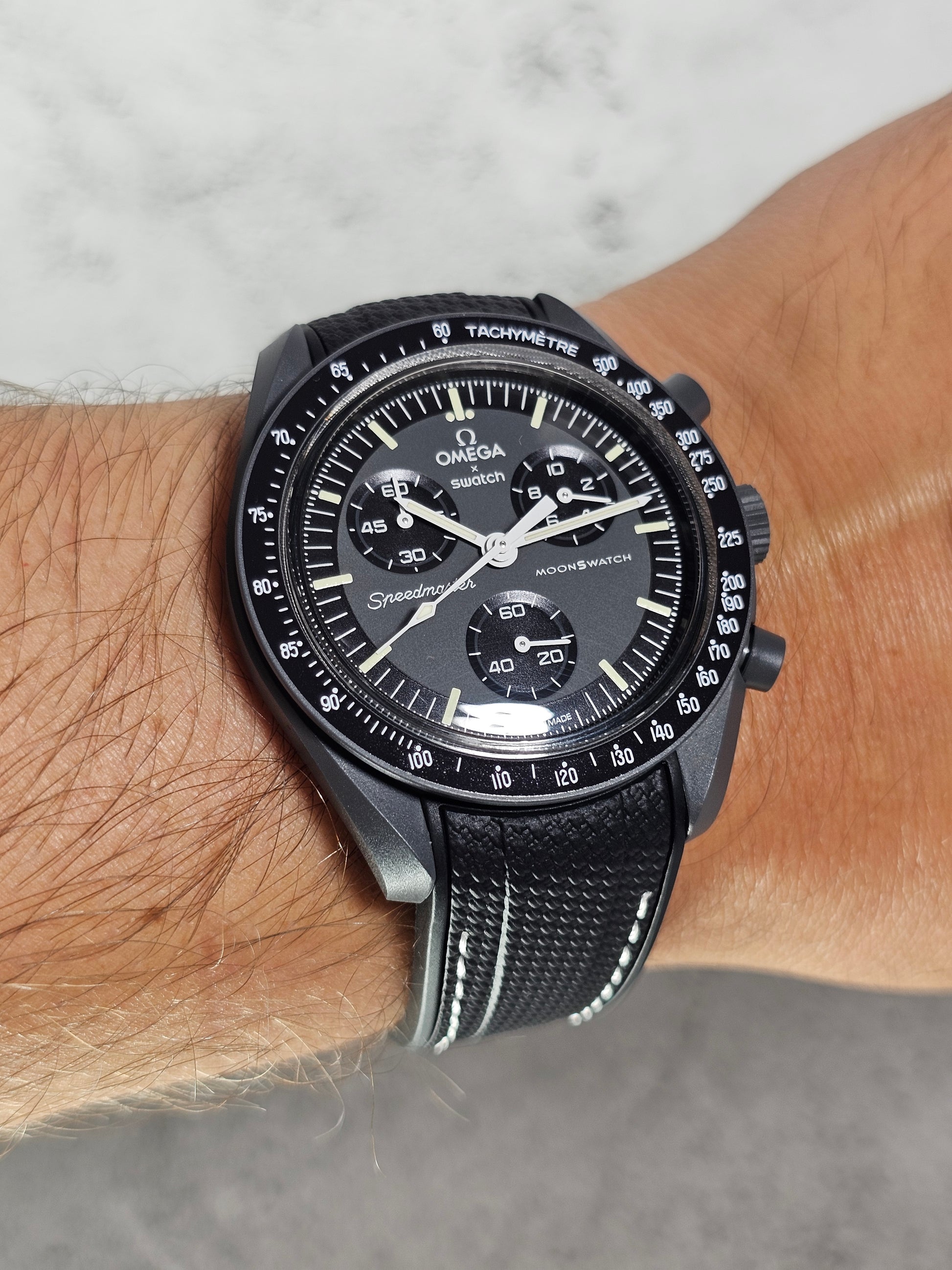 Black and white rubber strap for Swatch x OMEGA MoonSwatch Mission to Mercury with engraved buckle – MGB Watches exclusiv