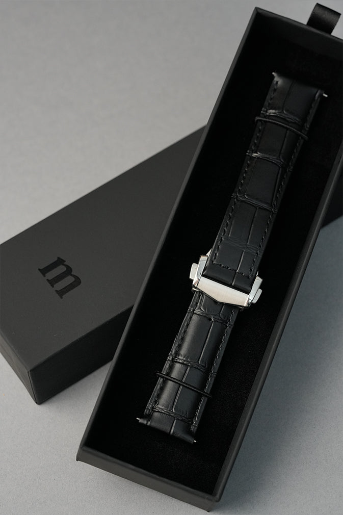 Black alligator embossed deployant strap from MGBWATCHES