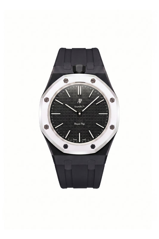 A Royal Oak watch by Audemarsieu with a black dial, black textured bezel, and a black silicone strap, set against a plain white background.
