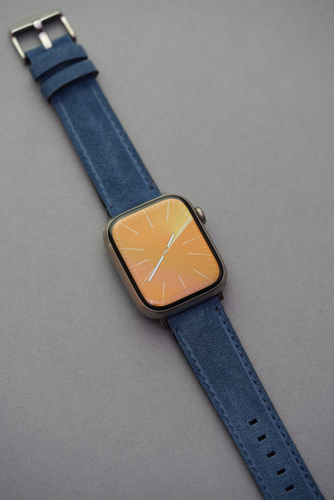 Blue suede leather strap fitted to Apple Watch face – replacement strap for all Apple Watch models
