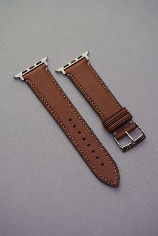 Brown fine grain calfskin leather strap with stainless Apple Watch adapters – replacement strap for all Apple Watch series