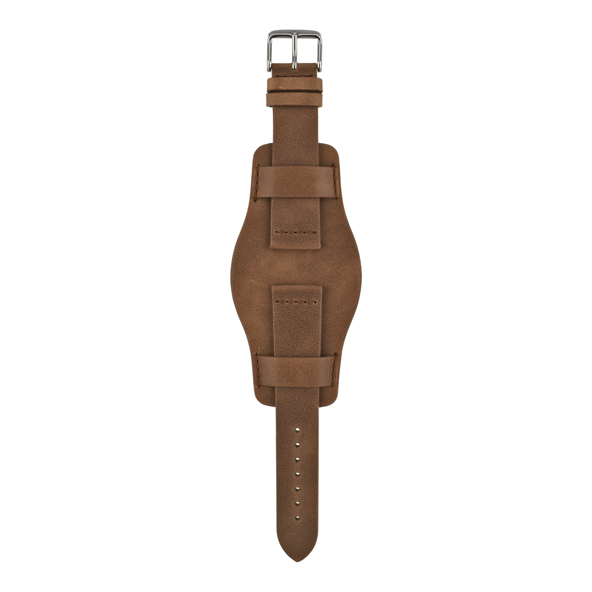 Tan leather bund strap with stainless steel buckle, front
