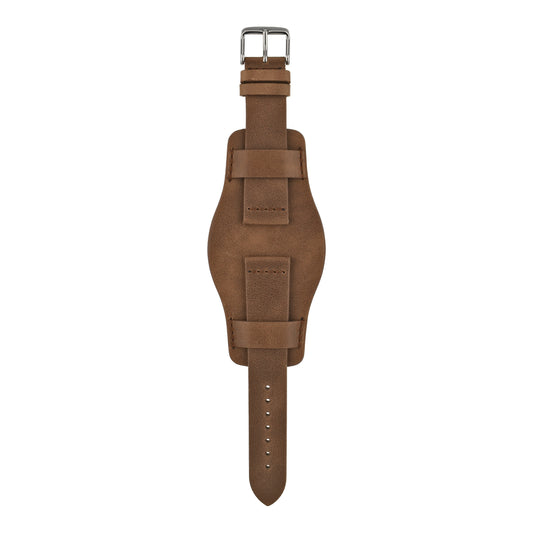 Tan leather bund strap with stainless steel buckle, front