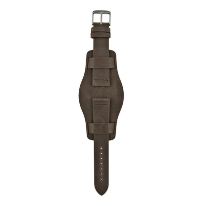 Brown leather bund strap with stainless steel buckle, front