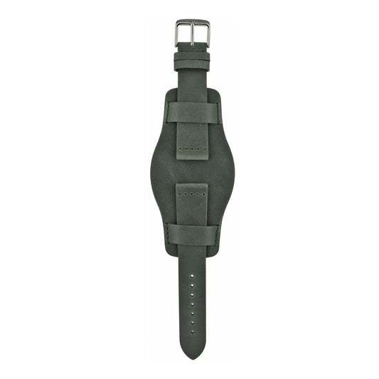 Green leather bund strap with stainless steel buckle, front