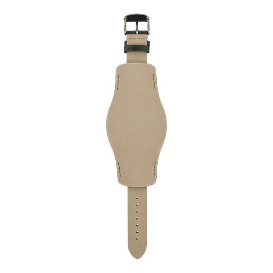 Green bund strap, reverse showing natural leather pad backing
