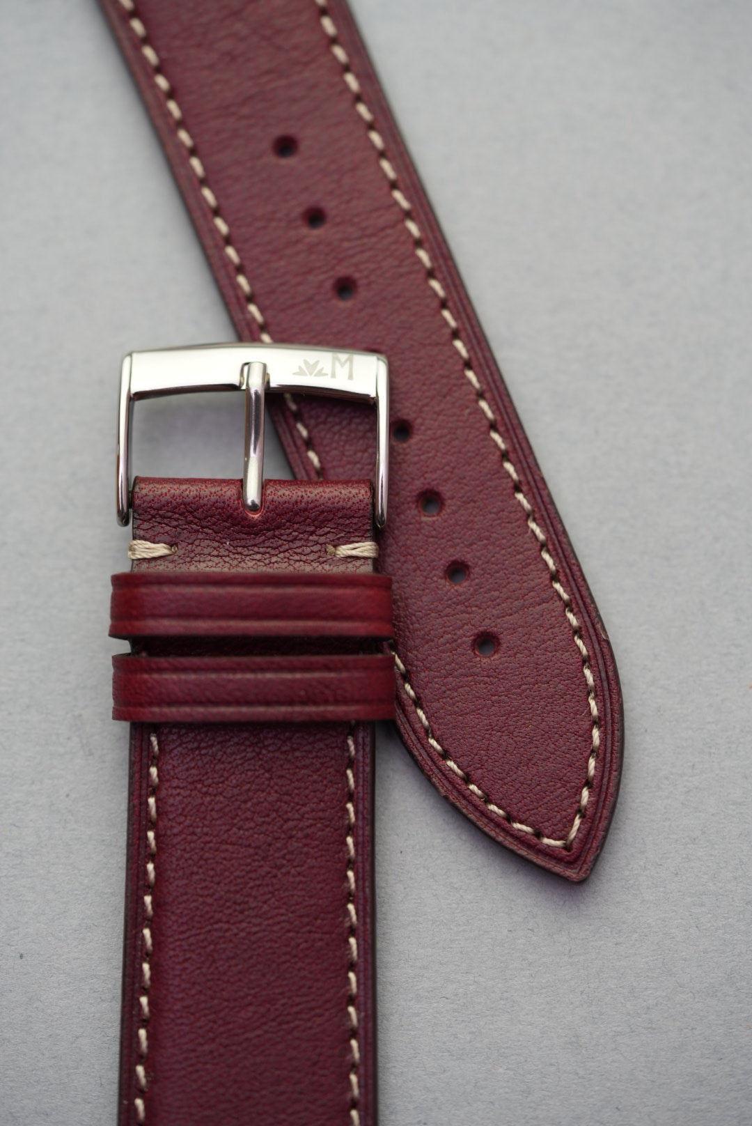 Burgundy Fine Grain Calfskin Leather Strap showcasing stitching and leather texture