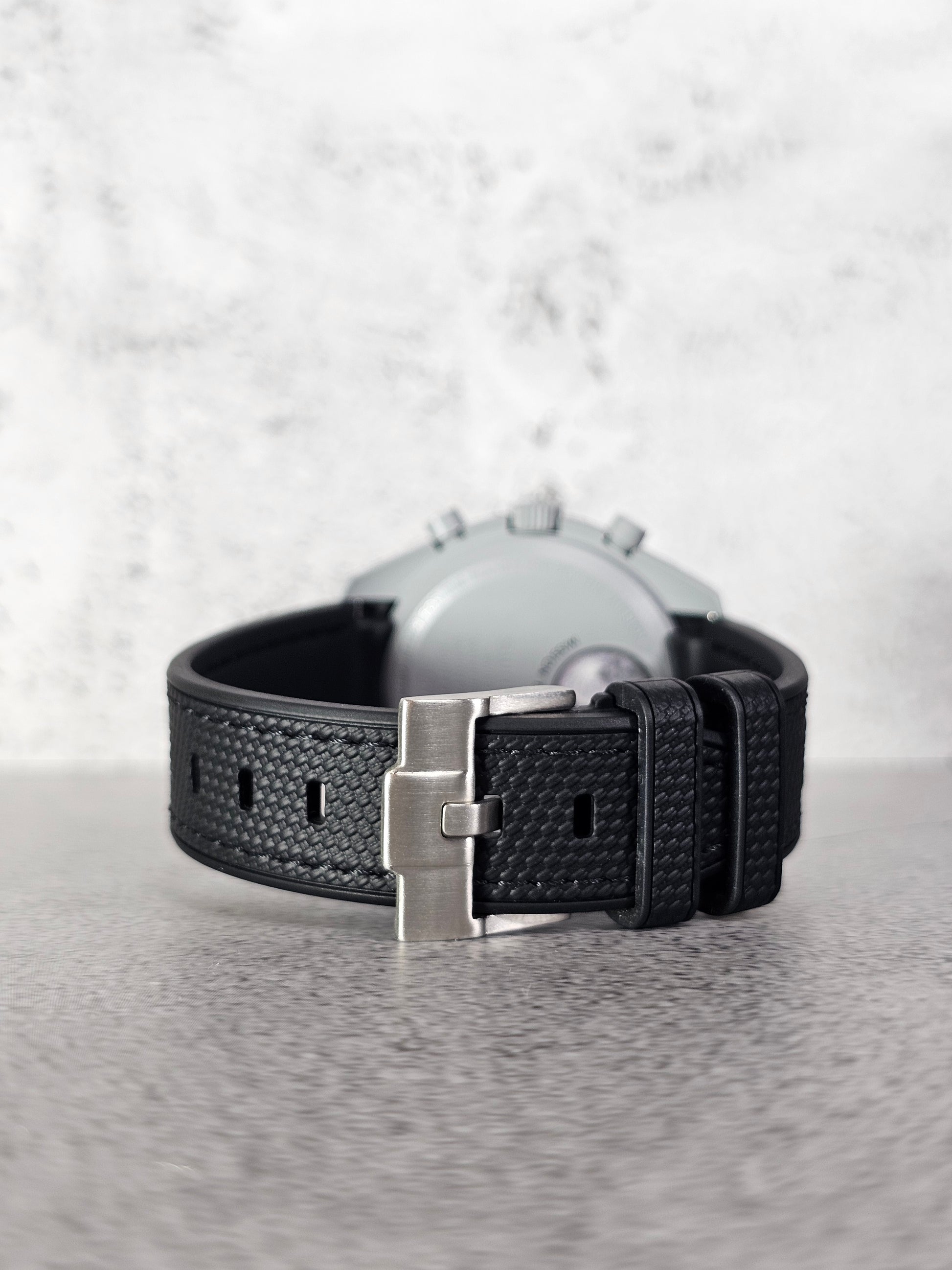 Premium curved rubber strap in black with black stitch for MoonSwatch Mission to the Moon