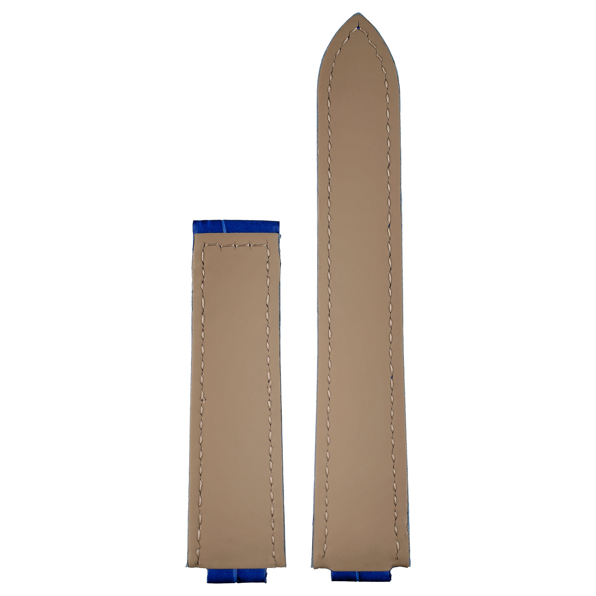 Blue crocodile leather Cartier Ballon Bleu watch strap, reverse showing stitched lining