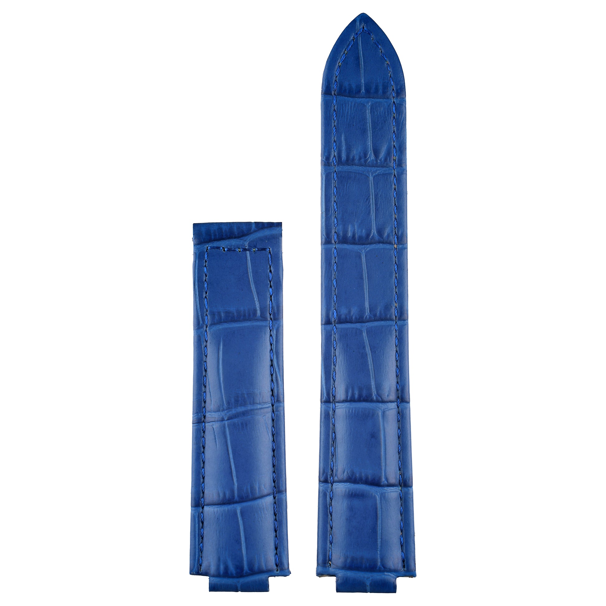Blue crocodile leather Cartier Ballon Bleu watch strap, curved integrated end, front view
