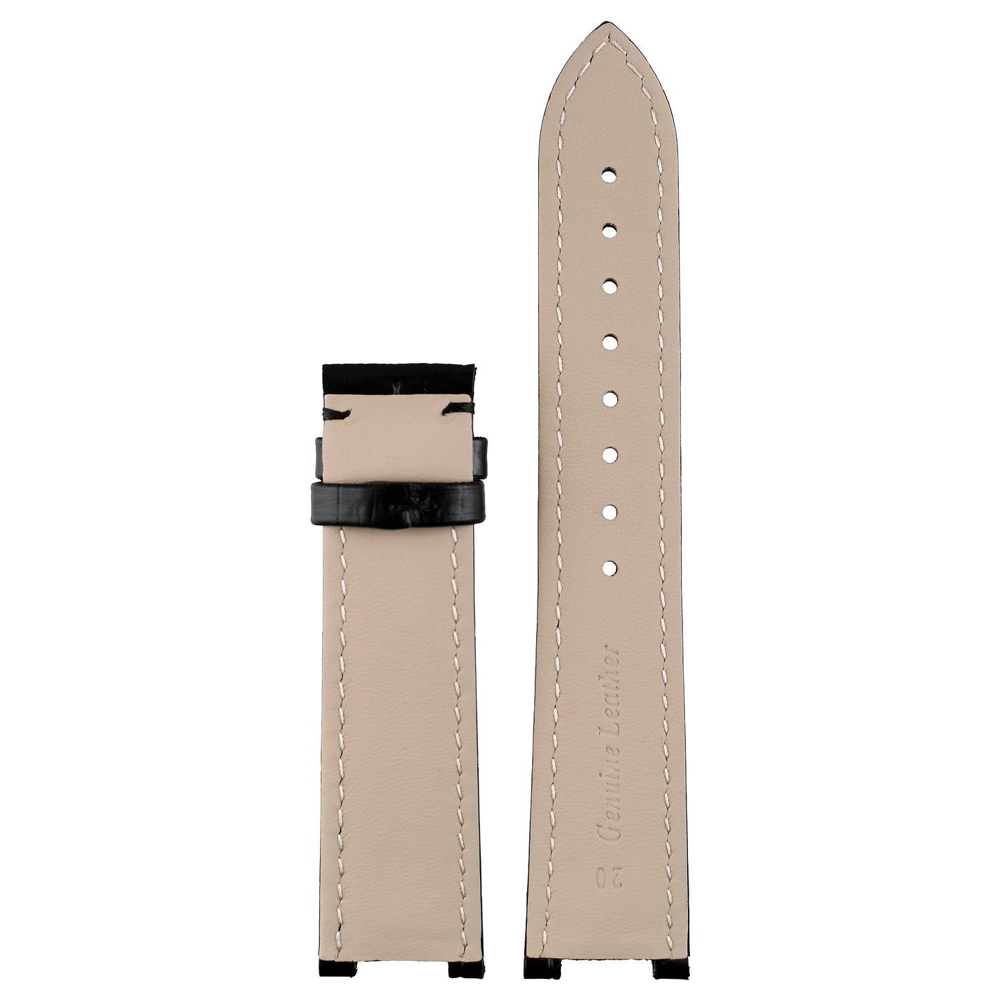 Black crocodile leather Cartier Pasha watch strap, reverse showing lining