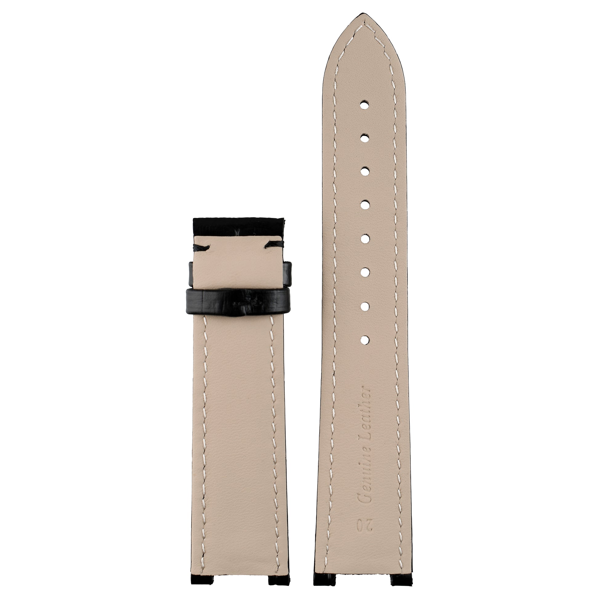 Black crocodile leather Cartier Pasha watch strap, reverse showing lining