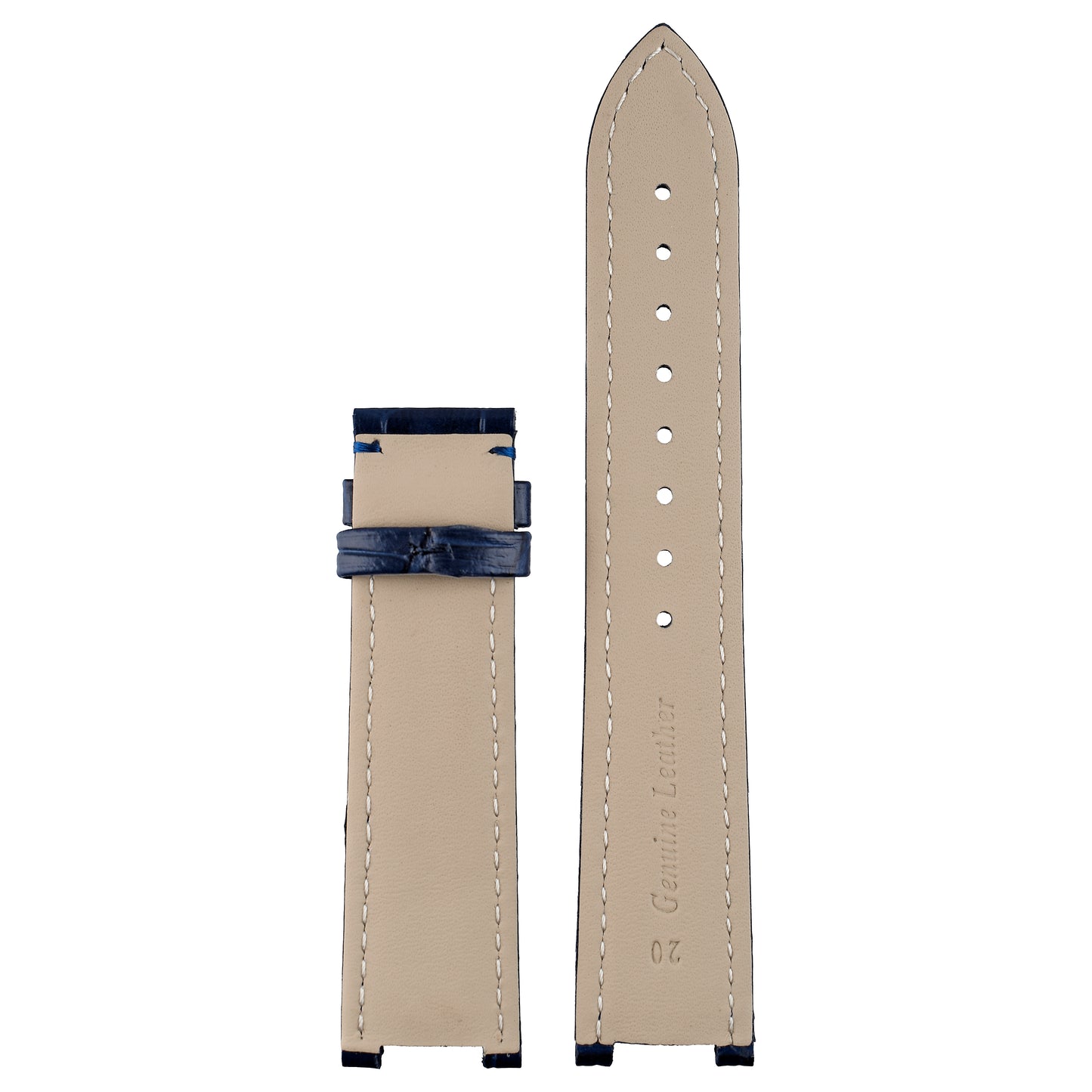 Blue crocodile leather Cartier Pasha watch strap, reverse showing lining