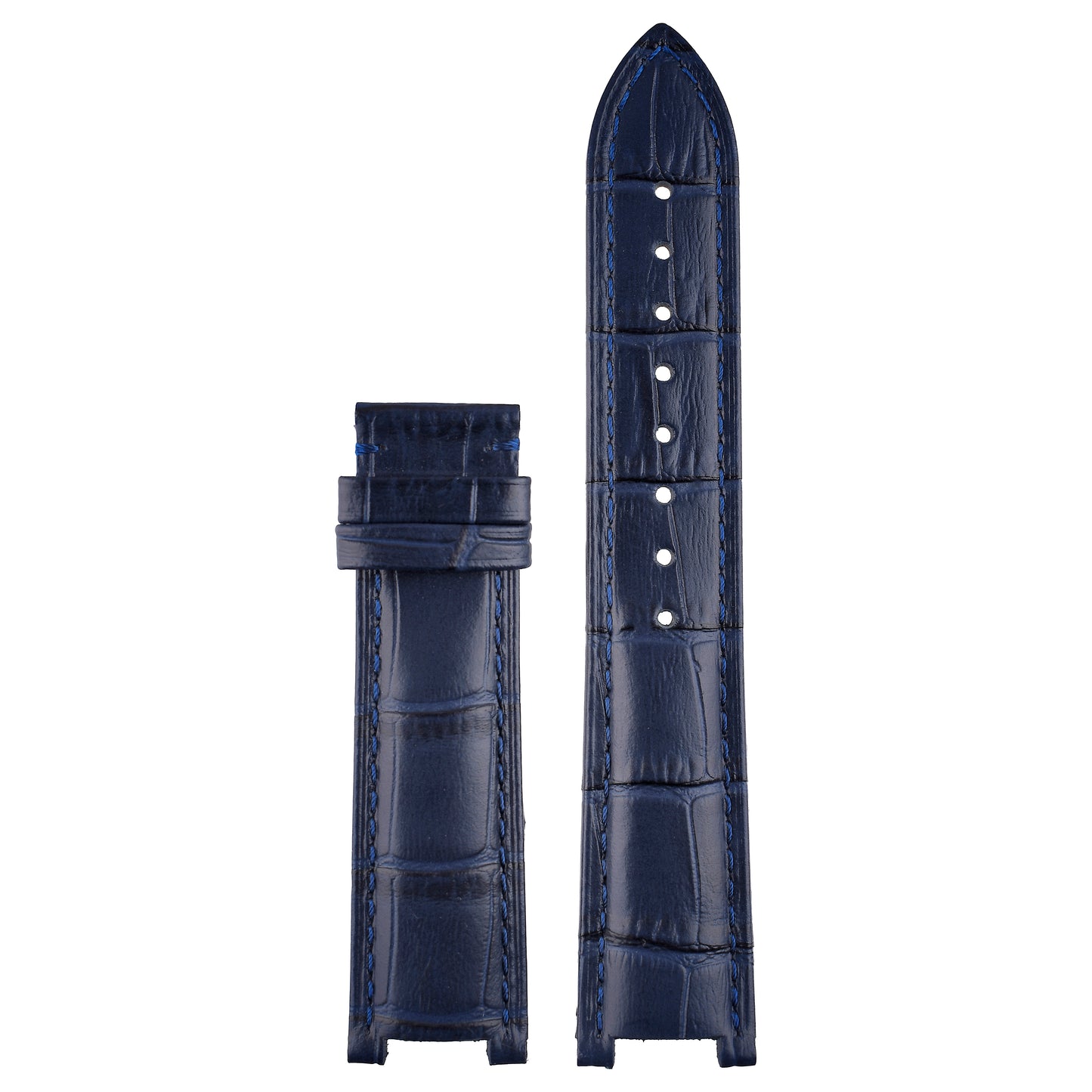 Blue crocodile leather Cartier Pasha watch strap, front view
