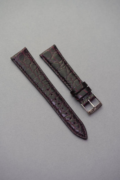 Bordeaux crocodile leather strap for Cartier, offering a deep wine-red tone with elegant scale pattern and hand-polished shine.