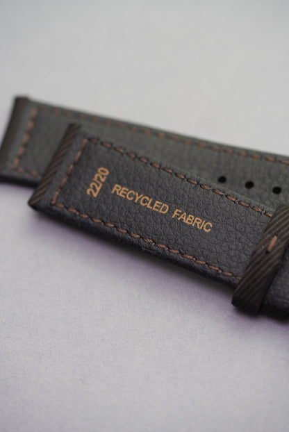 Underside stamp showing recycled fabric label and size marking on clay brown strap.