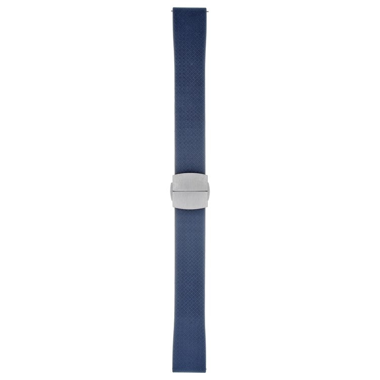 Navy blue watch strap with silver buckle on a white background