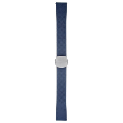 Navy blue watch strap with silver buckle on a white background