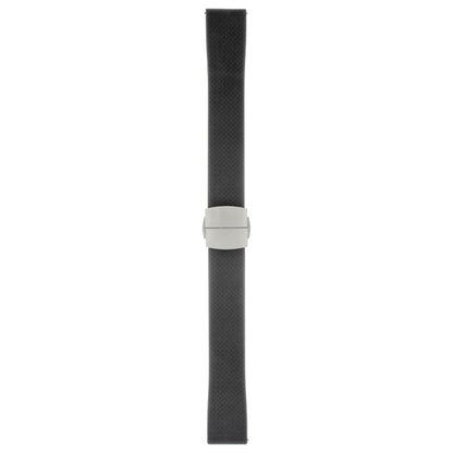 Black textured watch strap with a silver buckle on a white background