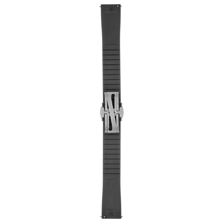 Black watch strap with a silver buckle on a white background