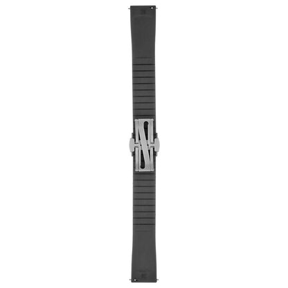 Black watch strap with a silver buckle on a white background