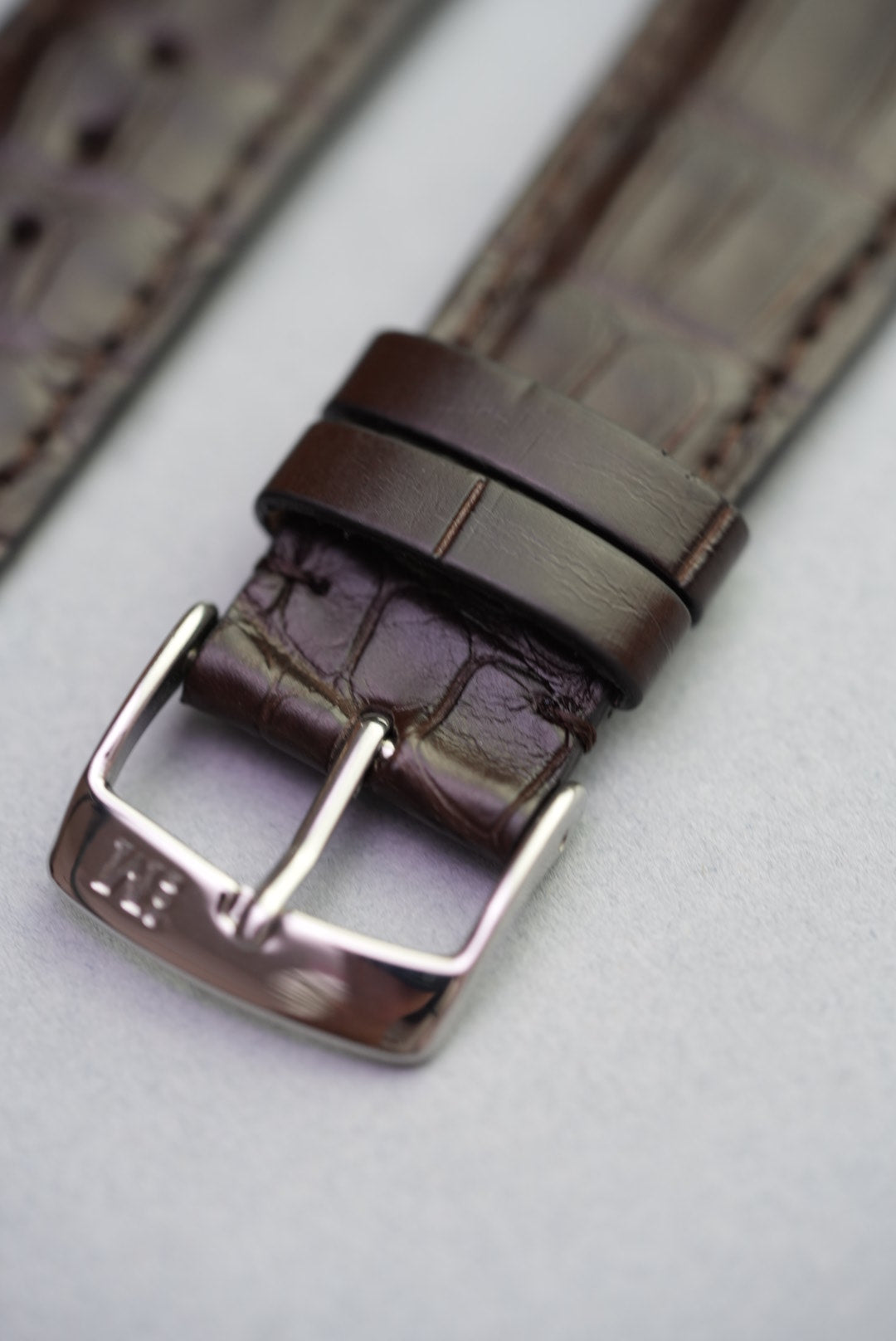 Stainless buckle and keeper loops on dark brown alligator leather strap replacement
