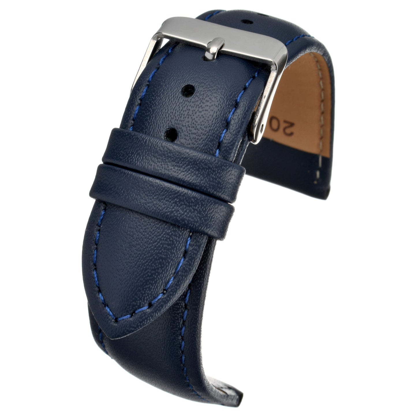 Blue Economy Padded Leather Watch Strap — curved view