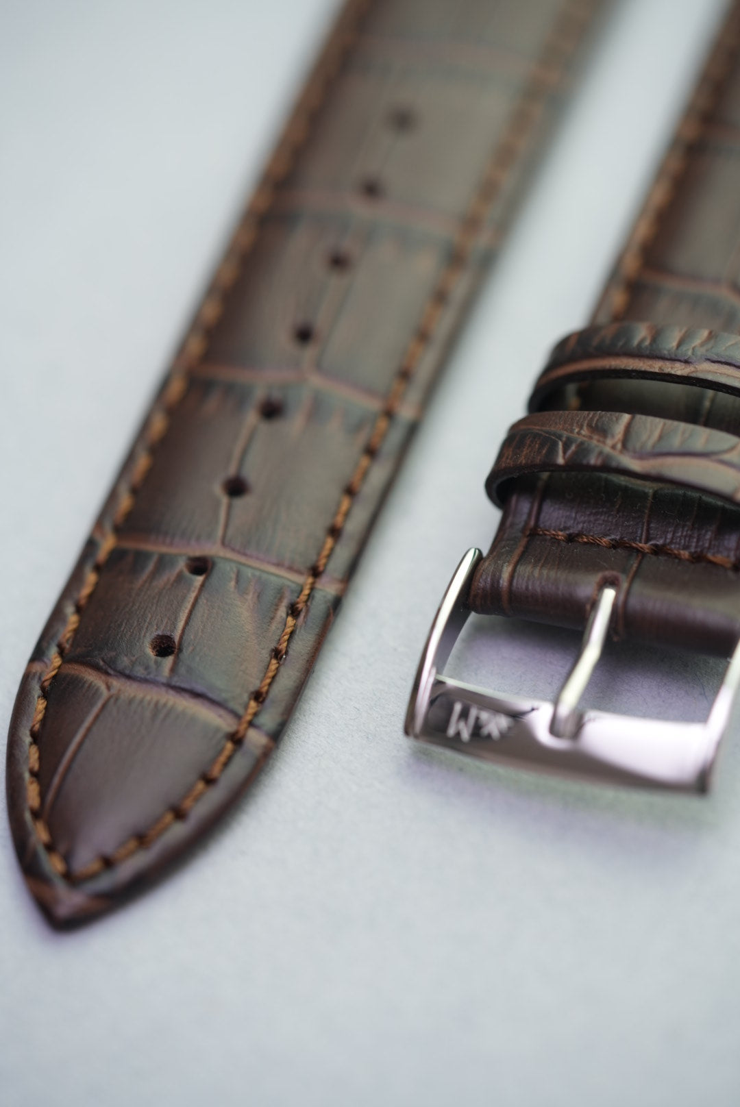 Espresso brown calf leather watch strap with stainless steel buckle – premium replacement strap with alligator embossing.
