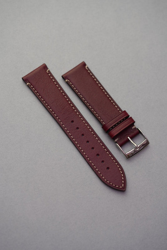 Burgundy calfskin leather watch strap with fine grain finish and polished stainless buckle – Italian made strap replacement