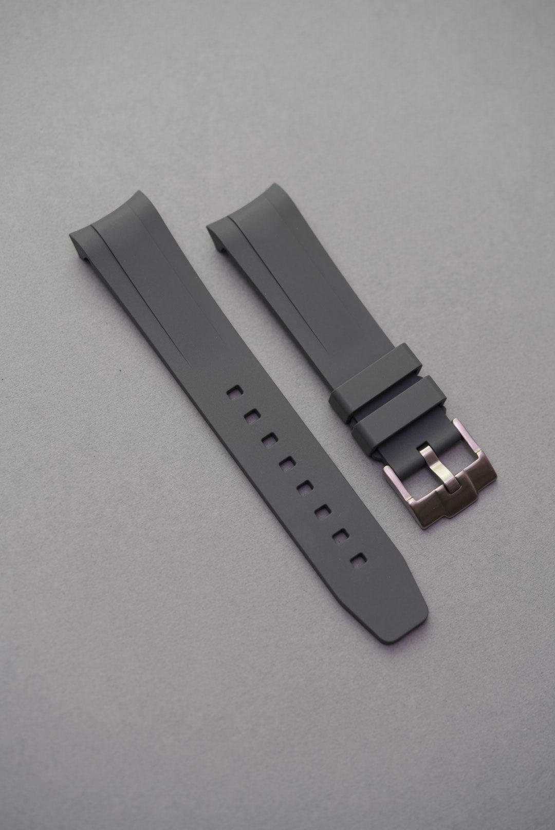 Matte grey FKM curved fit rubber strap for Tudor Black Bay 58, shown with polished buckle.