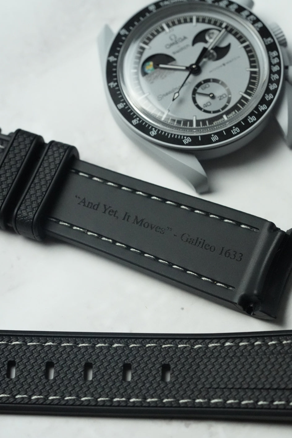 MoonSwatch EarthPhase Galileo Rubber Woven Strap — Black with Grey Stitch