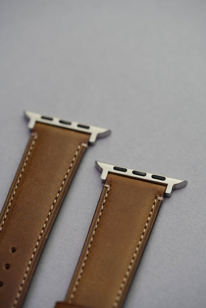 Apple Watch lug connector detail of green fine grain calfskin strap with stitching