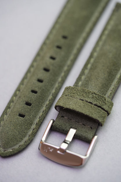 Angled view of green suede leather strap showing keeper loops and stitching – strap replacement for standard watches