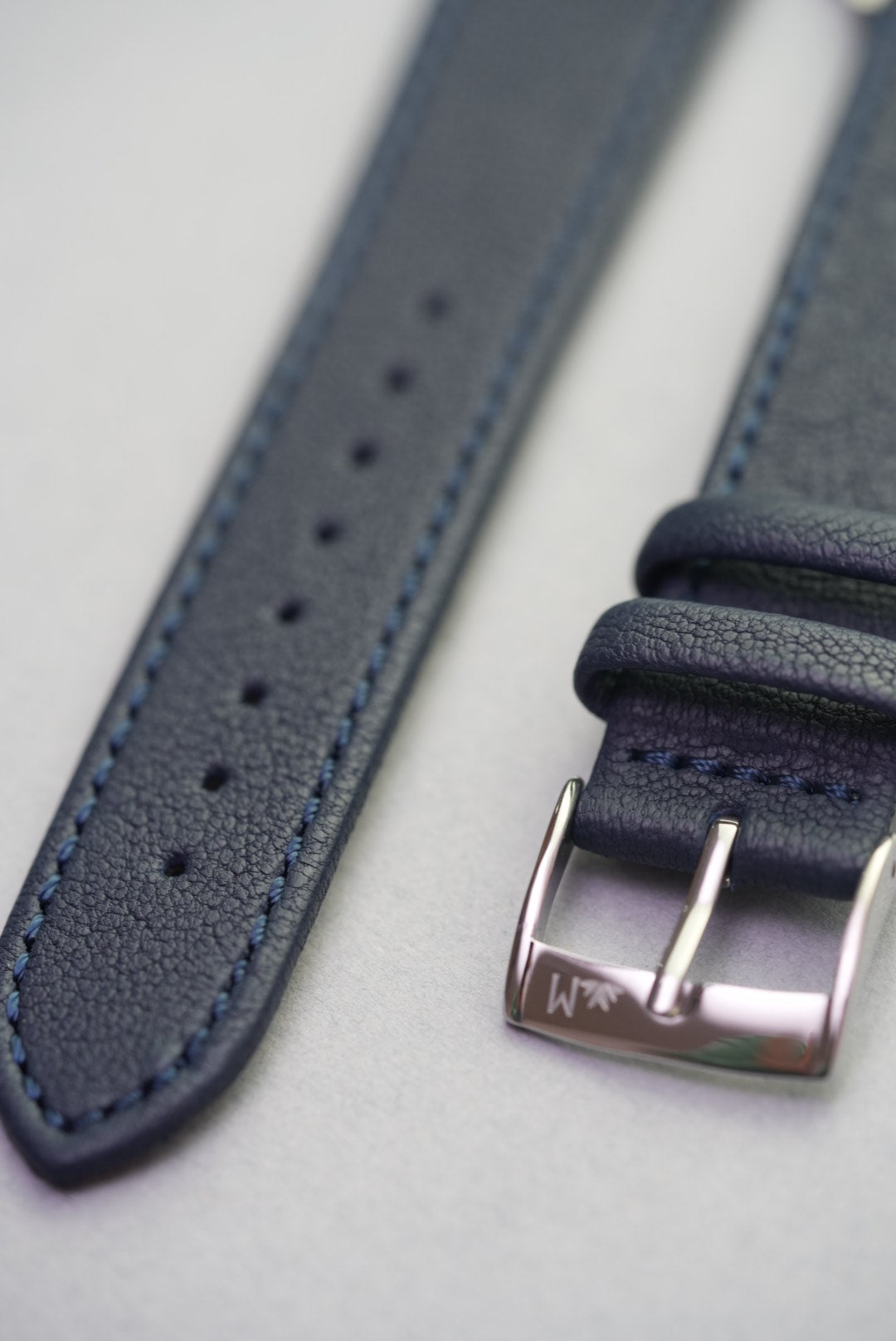 Detailed view of stitching and texture on the Midnight Capri sheepskin watch strap.