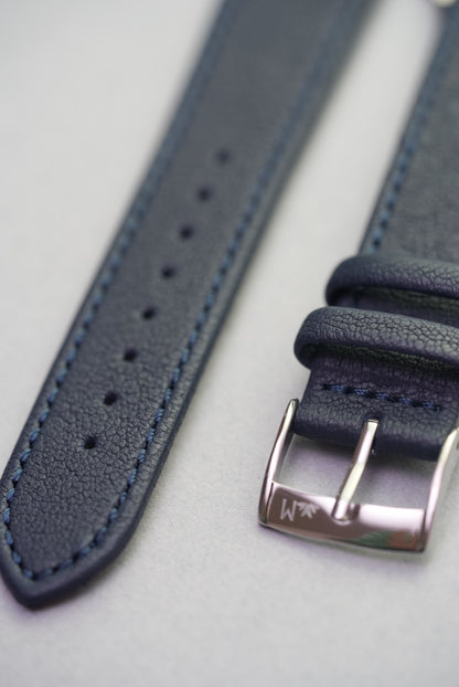 Detailed view of stitching and texture on the Midnight Capri sheepskin watch strap.