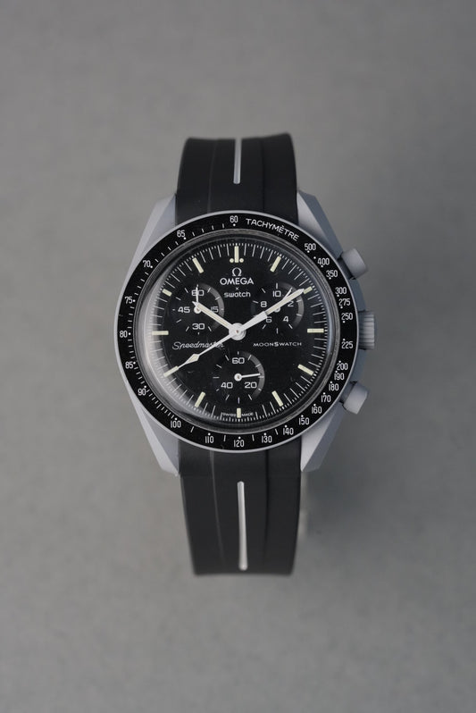 Black rubber curved strap with white stripe for MoonSwatch Mission to the Moon, 20mm quick-release fit