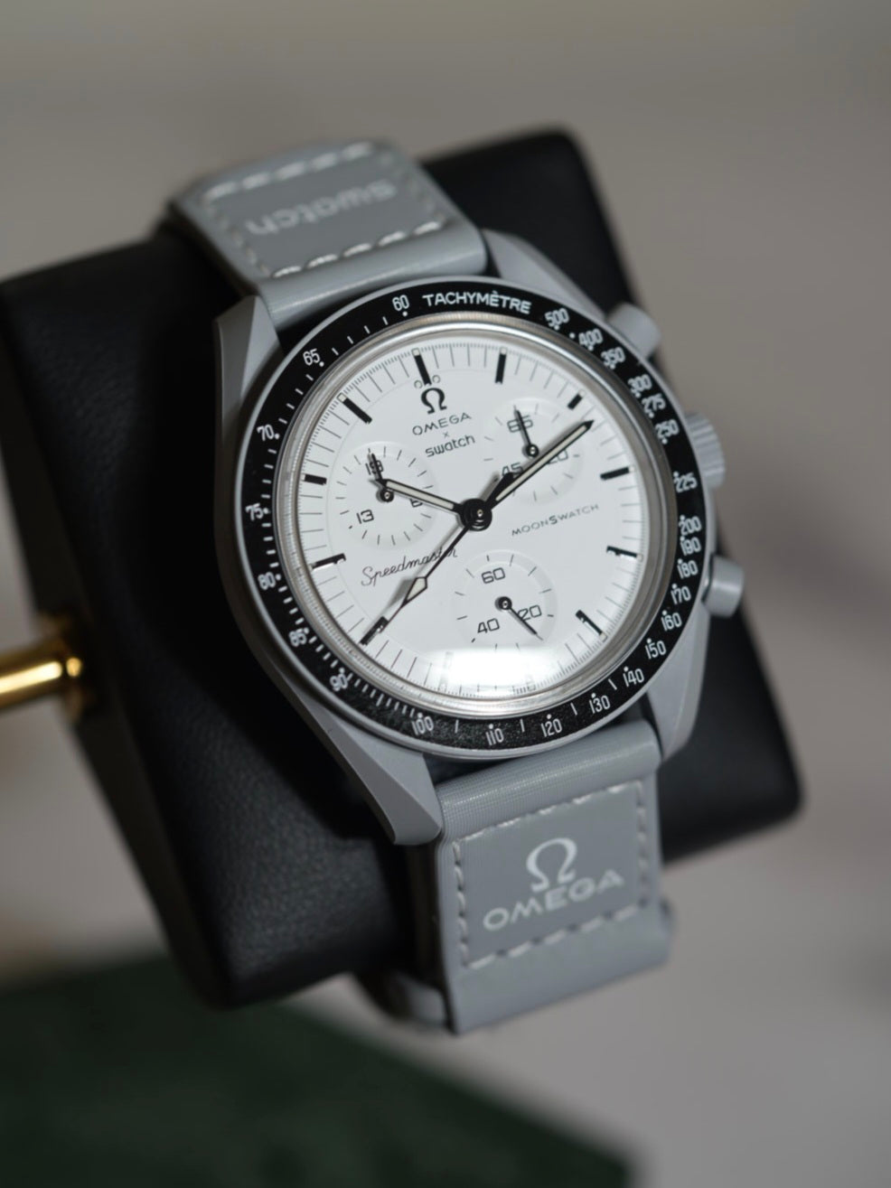 MoonSwatch 1965 — black velcro strap detail and lug view