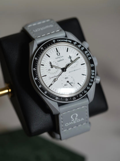 MoonSwatch 1965 — black velcro strap detail and lug view