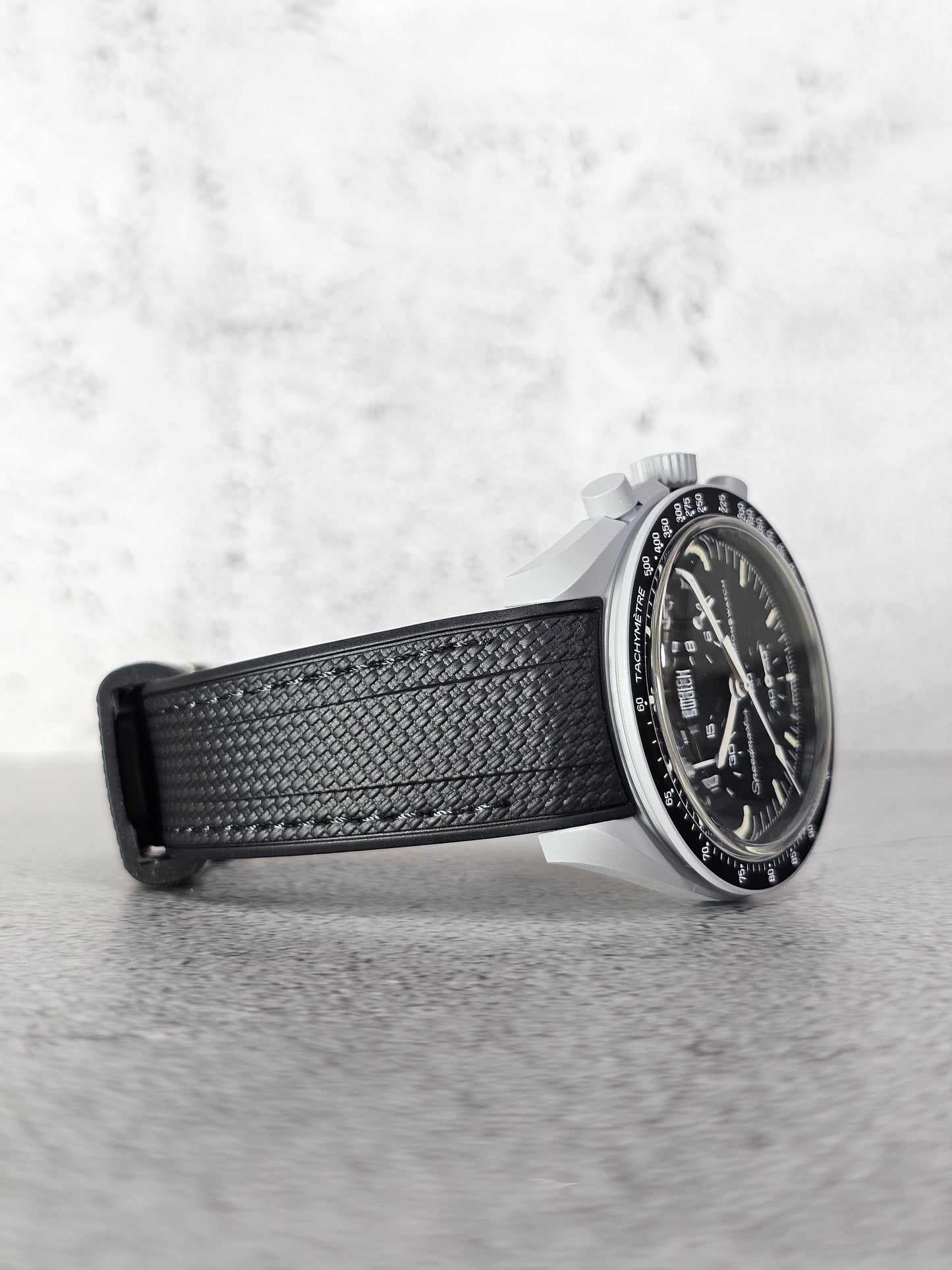 20mm rubber strap for Mission to the Moon MoonSwatch, curved design with black stitched detail