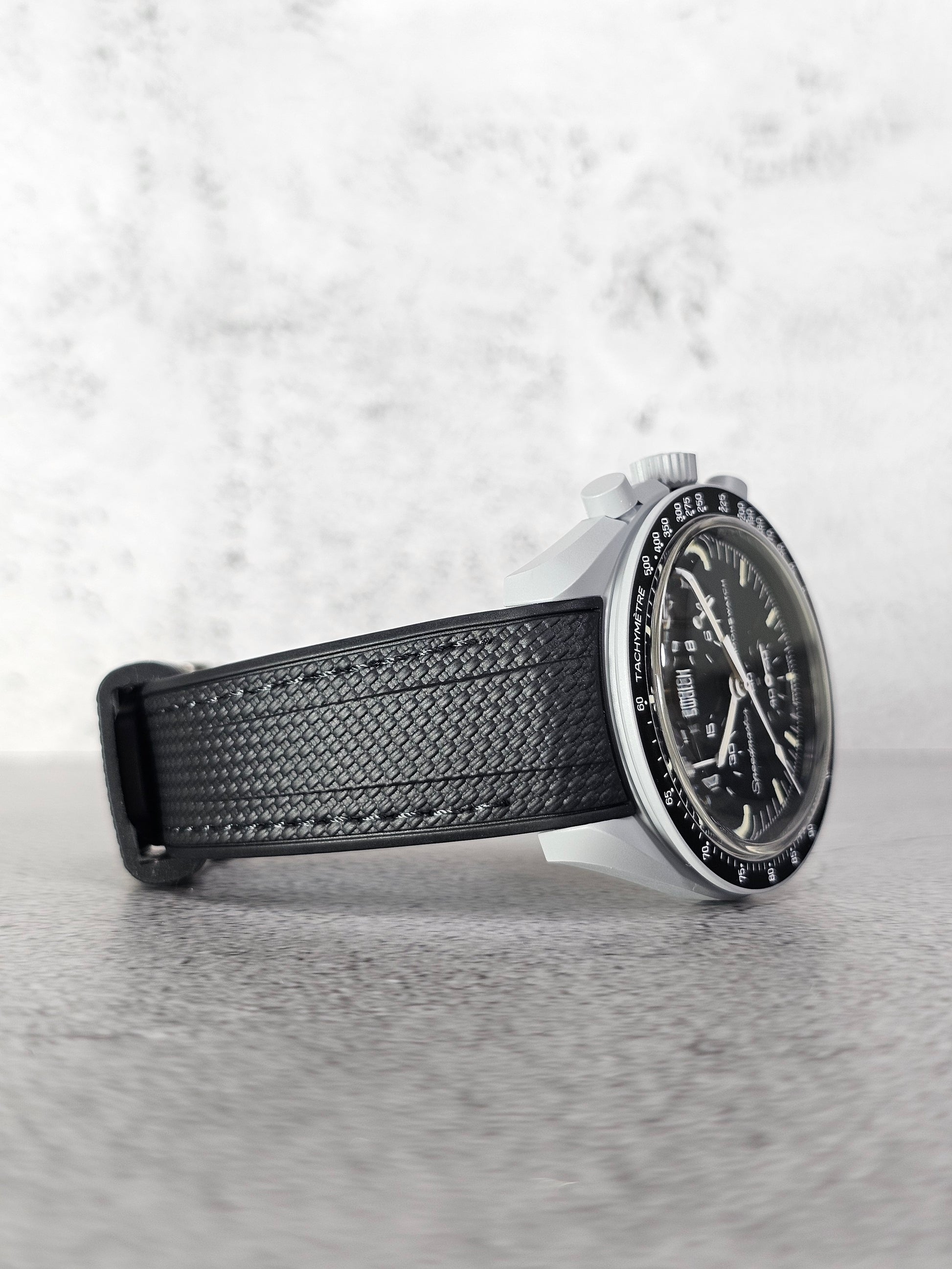 20mm rubber strap for Mission to the Moon MoonSwatch, curved design with black stitched detail