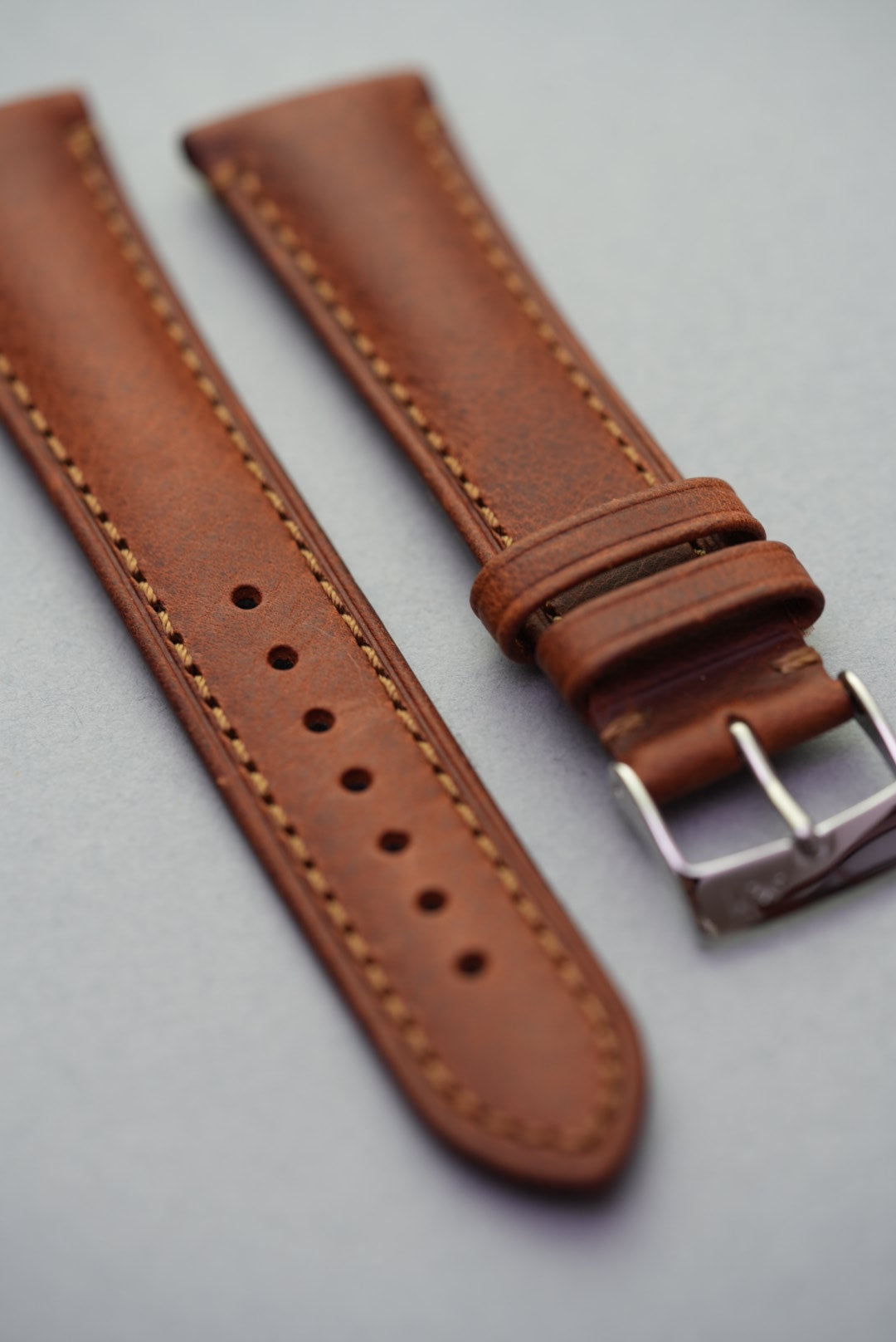 Close-up of stitching on Morellato tan leather strap for watches