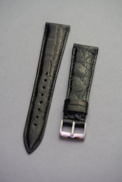 Full view of the Noir crocodile leather strap for Cartier watches, featuring a high-gloss black finish with subtle natural texture.