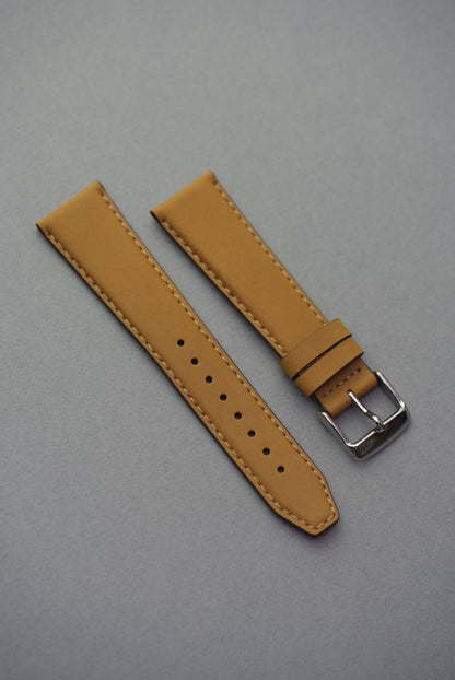 Mustard nubuck leather watch strap with silver buckle, available in 18mm to 24mm.