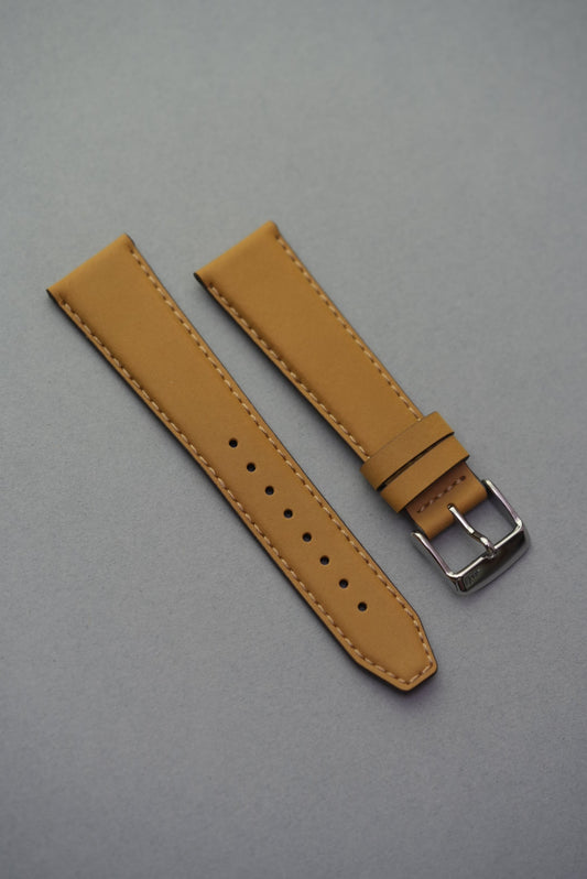 Mustard nubuck leather watch strap with silver buckle, available in 18mm to 24mm.