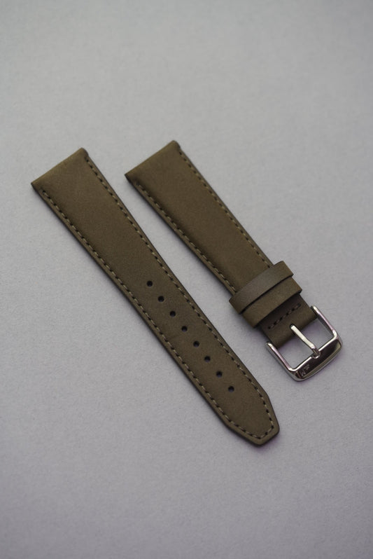 Olive green nubuck leather watch strap with silver buckle, available in 18mm to 24mm.