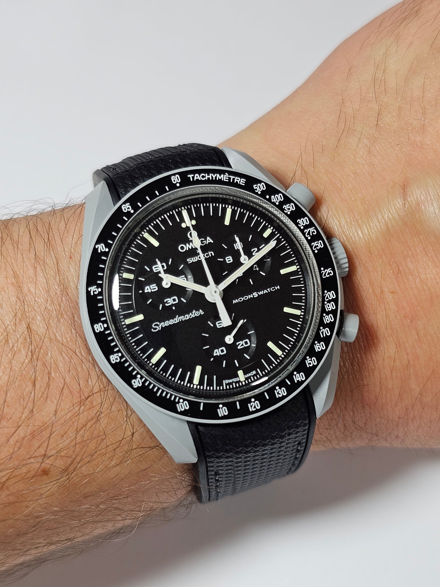 Rubber Curved Strap for Omega x Swatch MoonSwatch – Mission to the Moon – Black with Black Stitch