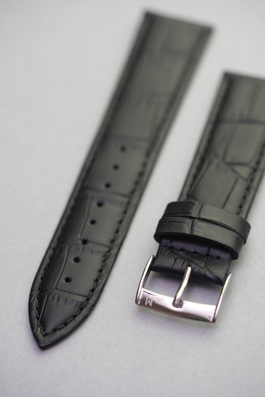 Onyx black leather strap with stainless buckle – premium replacement strap in fine Italian calfskin.