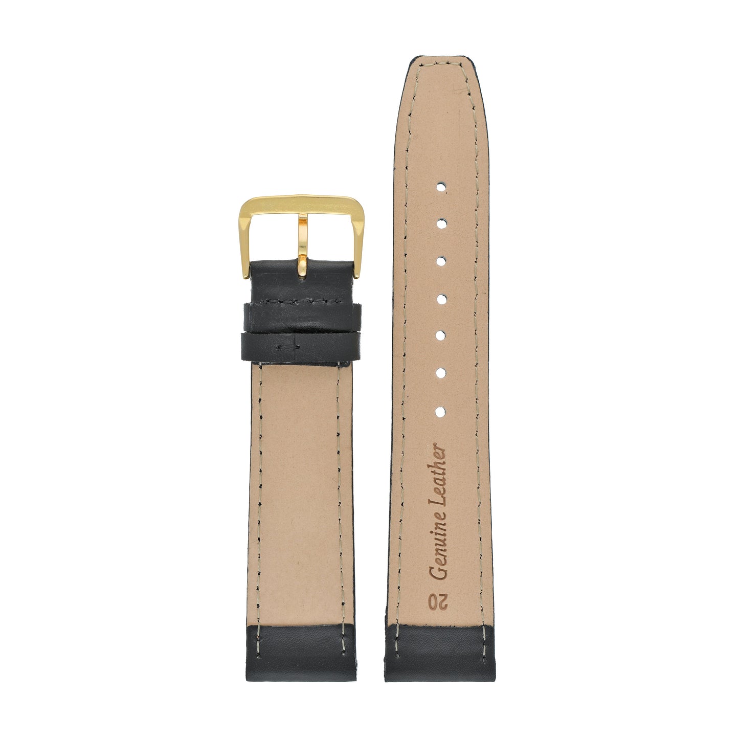 Black Plain Stitched Square End Leather Watch Strap — back view
