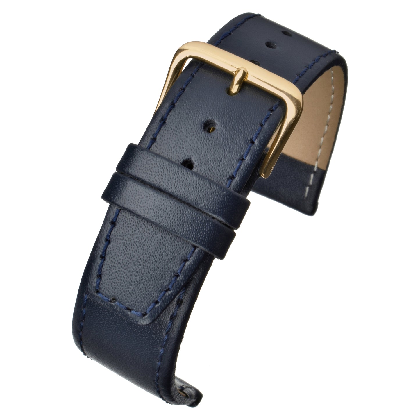 Blue Plain Stitched Square End Leather Watch Strap — curved view